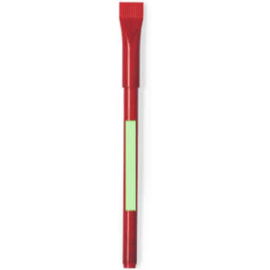 A red plastic pen with a flat end and a small area for branding.