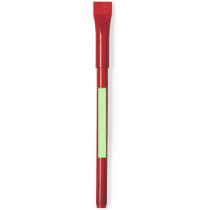 A red plastic pen with a textured grip and a blank section for custom branding.
