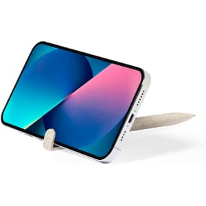 A mobile device holder with a pencil in a light colour, designed for supporting devices in an upright position.