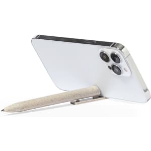 A sleek white phone propped up by a beige Polus Holder Pen, featuring a minimalist design and a logo.