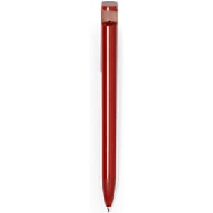 A red pen with a transparent top, featuring a branding logo on the side.