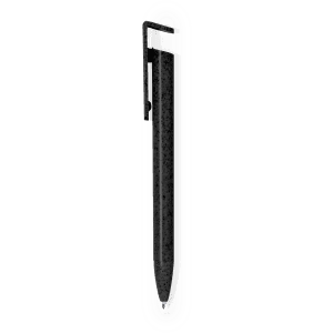 A black pen with a clip, featuring a sleek design and a subtle logo.