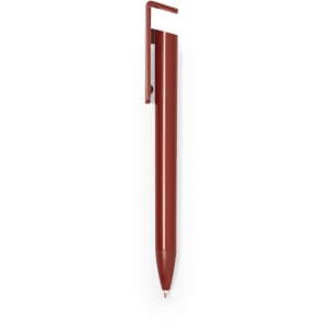 A maroon pen with a unique clip design, featuring a branding logo.