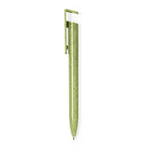A green pen with a clip, featuring a smooth body and a fine writing tip, and includes a logo.
