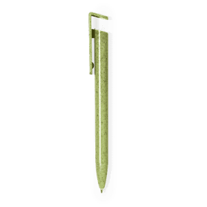 A green pen with a clip and a textured finish. It features a logo on the side.