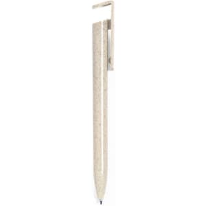 A pen with a sleek design in a light ivory hue, featuring a clip and a branding logo.