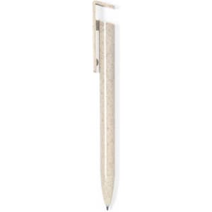 A pen with a light beige, speckled design and a clip feature; includes a branding logo.
