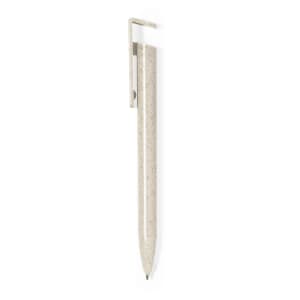A pen in a light beige colour with a simple design and a clip, featuring a branding logo.