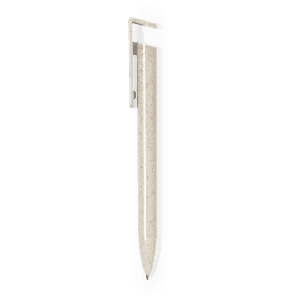 A light-coloured pen with a sleek design, featuring a clip and a logo on the side.