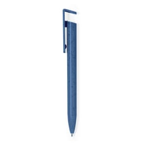 A blue pen with a unique textured design and a clip. The pen features a logo on its body.