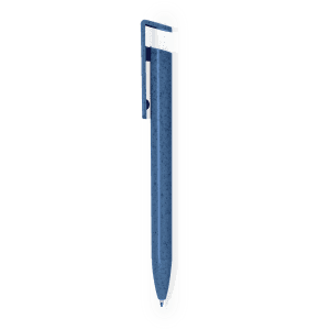 A blue pen with a clip and a sleek design, featuring a branded logo on its body.