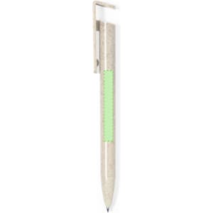 A biodegradable pen with a pale beige body and a bright green accent, featuring a clip and a logo.