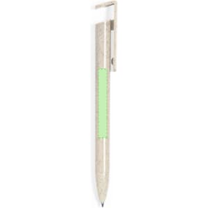 A biodegradable pen in a cream colour with a green grip section and a clip at the top. Features branding.