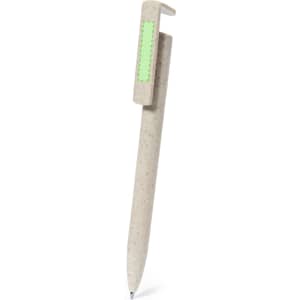 A pen in a light beige colour with a green clip and a logo on it.