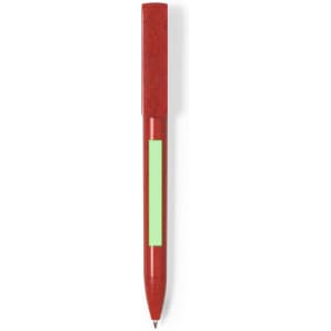 A red pen with a green accent and a logo. It features a sleek design suitable for writing.