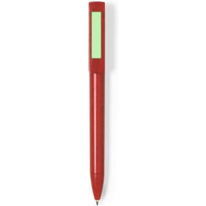 A red pen with a green accent and a branding logo on the side.