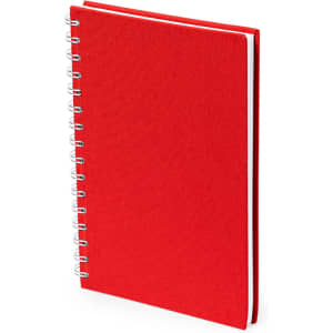 A red spiral-bound notepad with a textured cover and blank pages, featuring a logo on the front.