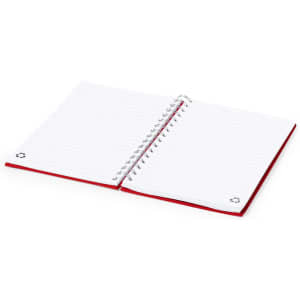 A red Kimberly Notepad with a spiral binding and blank lined pages inside. Features a logo on the corner.