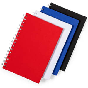Four spiral-bound notebooks in red, white, blue, and black, featuring a simple design and logo.