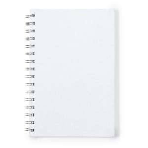 A white spiral-bound notepad with blank pages and a textured cover. It features a logo on the front.