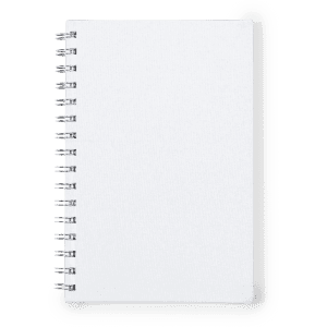 A white spiral-bound notepad with blank pages and a metal spiral binding. It has a simple design and no visible branding.