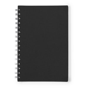 A spiral-bound notepad with a black cover, designed for office and business use. Features a logo.
