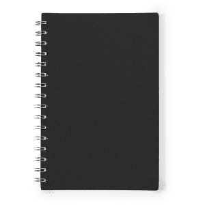 A black spiral-bound notepad with blank pages and a textured cover. It features a logo on the front.