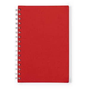 A red spiral-bound notebook featuring a plain cover and a metal binding.