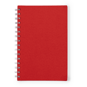 A red spiral-bound notepad with a textured cover, featuring a wire binding on the left side.