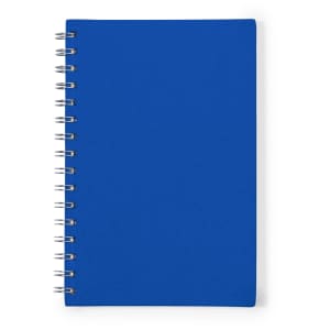 A blue spiral-bound notebook featuring a textured cover and a branding logo on the front.