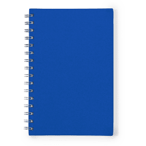 A blue spiral-bound notepad with a plain cover and metal binding. It has an embossed logo on the front.