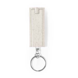 A white torch keyring with a metal keyring attachment. It features a minimalist design and has a branding logo.