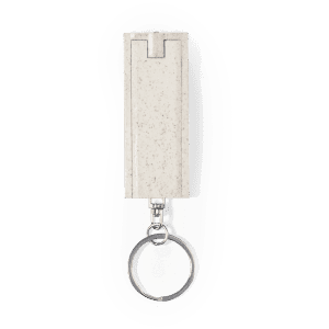 A keyring torch in a white speckled design, featuring a circular metal keyring attachment.