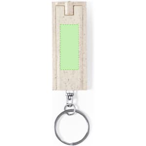 A beige torch keyring with a circular metal keyring attachment and a blank area for custom branding.