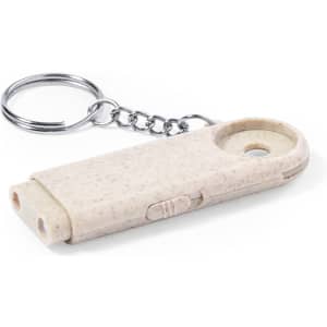 A beige keyring with a small coin holder, featuring a keychain attachment.