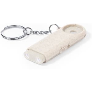 A white keyring coin featuring dual LED lights and a keychain attachment. The material has a textured look.
