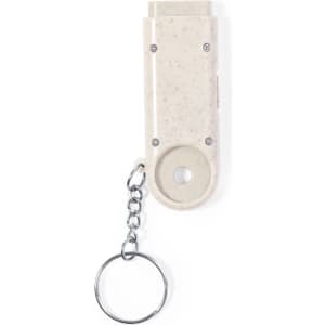 A beige keyring with a textured finish, featuring a loop for attaching keys and a small hole.