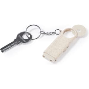 A beige keyring featuring a small tool and a metal key attached by a chain. It has a logo on the keyring.