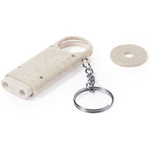 A keyring made from a natural-looking material, featuring a circular attachment and a separate round coin.