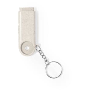 A light grey keyring coin with a keychain attachment. It has a simple design and a smooth finish.