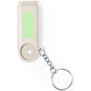 A beige keyring with a textured finish, featuring a green panel and a silver chain. It includes a branding logo.