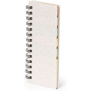 A spiral-bound notepad with a speckled white cover and multiple colour tabs on the side. It includes a logo.