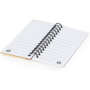 A spiral-bound notepad with blank, lined pages and a recyclable symbol at the bottom corner. The cover is white.