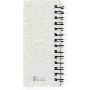 A neutral-toned notepad with a spiral binding and a textured cover, featuring a logo on the front.