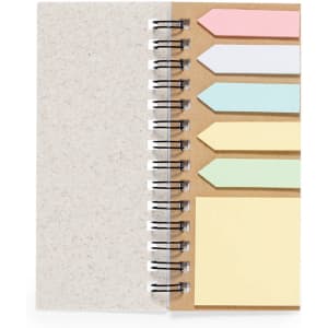A spiral-bound notepad with a textured grey cover and multiple sticky notes in pastel colours on the right side.