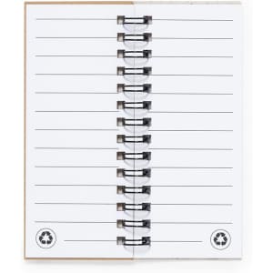 A notepad with lined pages, featuring a spiral binding and a recycled material design, in a natural colour.