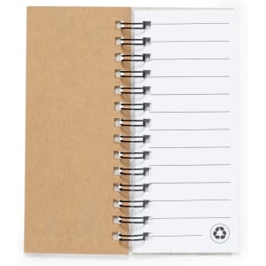 A brown cardboard cover notepad with spiral binding and blank lined pages. Features a small recycling symbol.