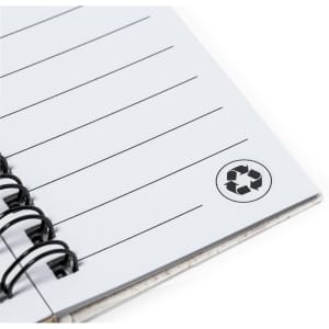 A white notepad with lined pages and a spiral binding, featuring a recycling logo on the bottom corner.