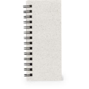 A white sticky notepad with a spiral binding and a textured cover, featuring neutral speckles.