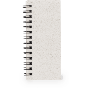 A sticky notepad with a spiral binding, featuring a textured white cover and a compact design.